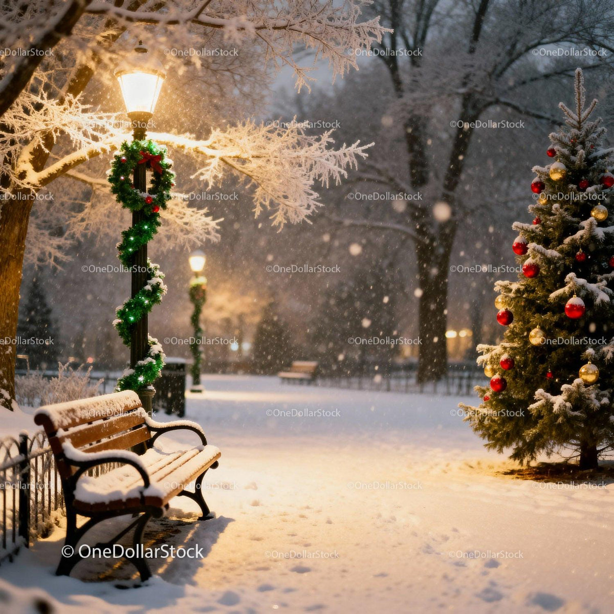 Snow covered bench near decorated Christmas tree at night