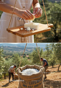 Hands Breaking White Cheese on Wooden Board Outdoors