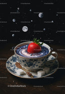 Strawberry Floating Over Cosmic Tea in Elegant Cup