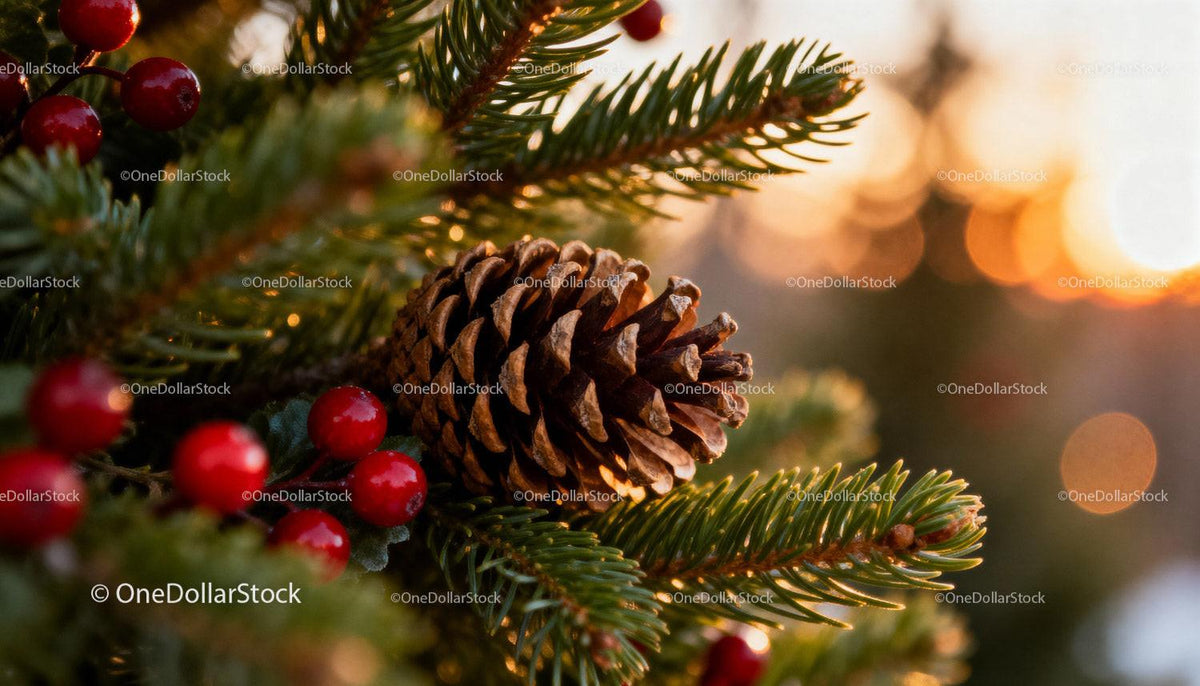 Pinecone and red berries on evergreen branch at sunset