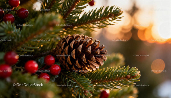 Pinecone and red berries on evergreen branch at sunset