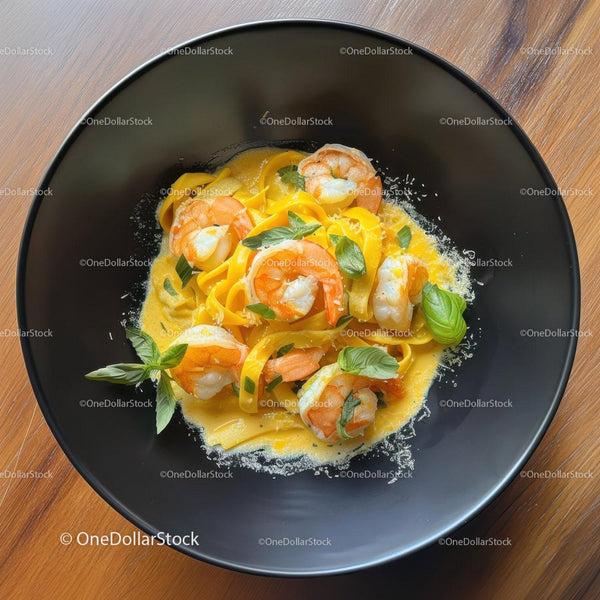 Seafood Pasta with Shrimp and Basil Served on Black Plate