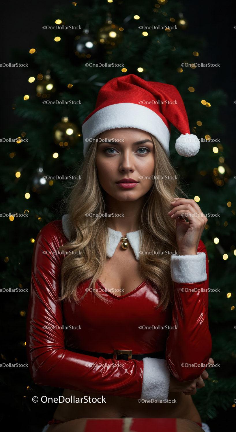 Young woman in Santa costume with festive Christmas tree