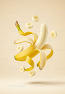 Floating peeled banana with vibrant slices on beige background