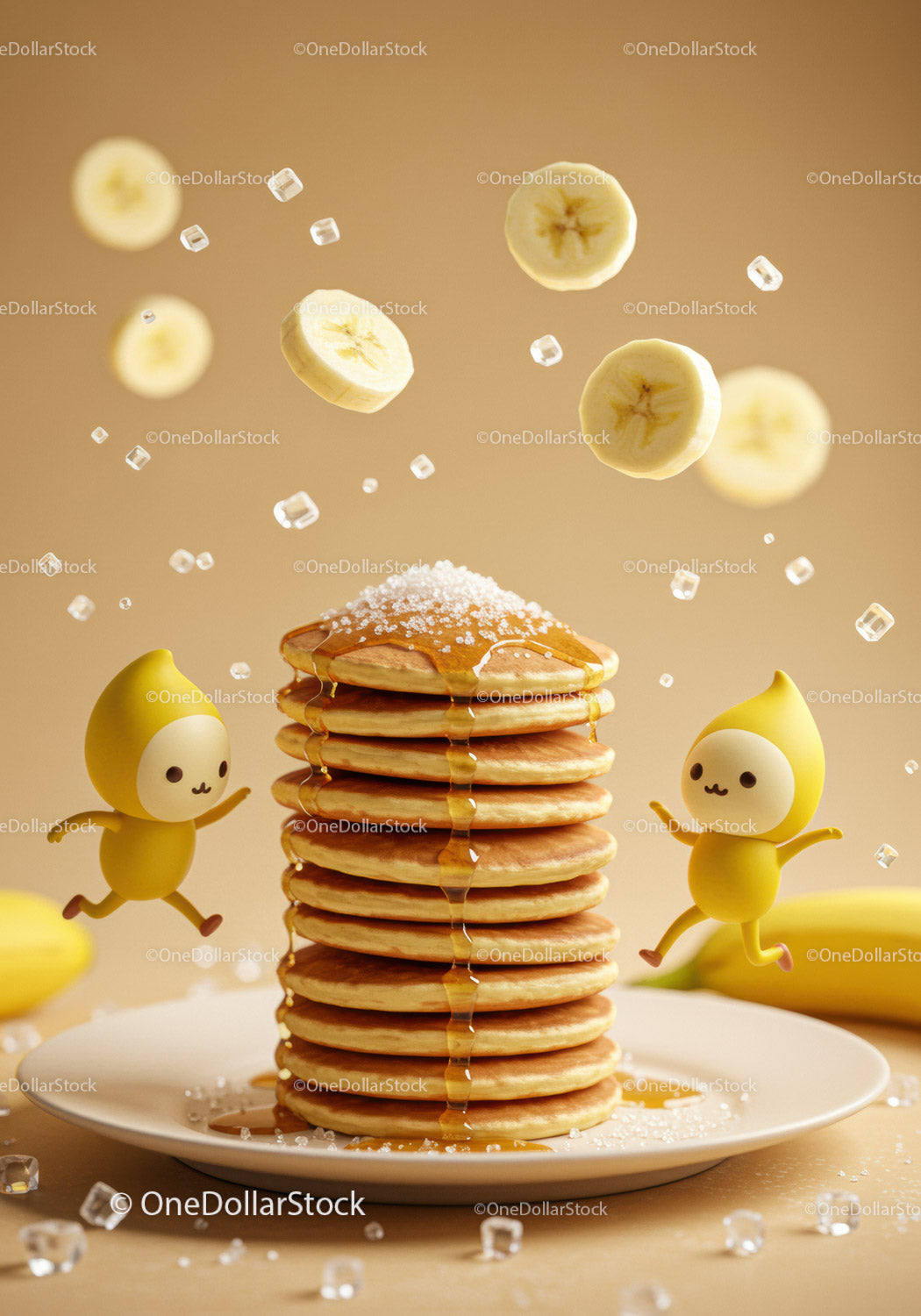 Stack of pancakes with syrup and floating banana slices