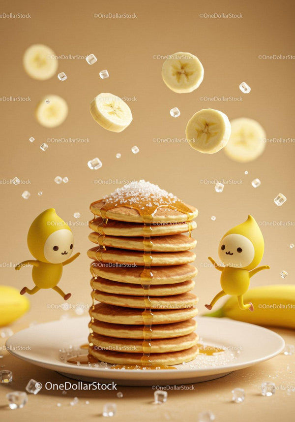 Stack of pancakes with syrup and floating banana slices
