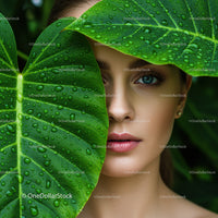 Close-up of a Woman Surrounded by Green Tropical Foliage with Dew Drops