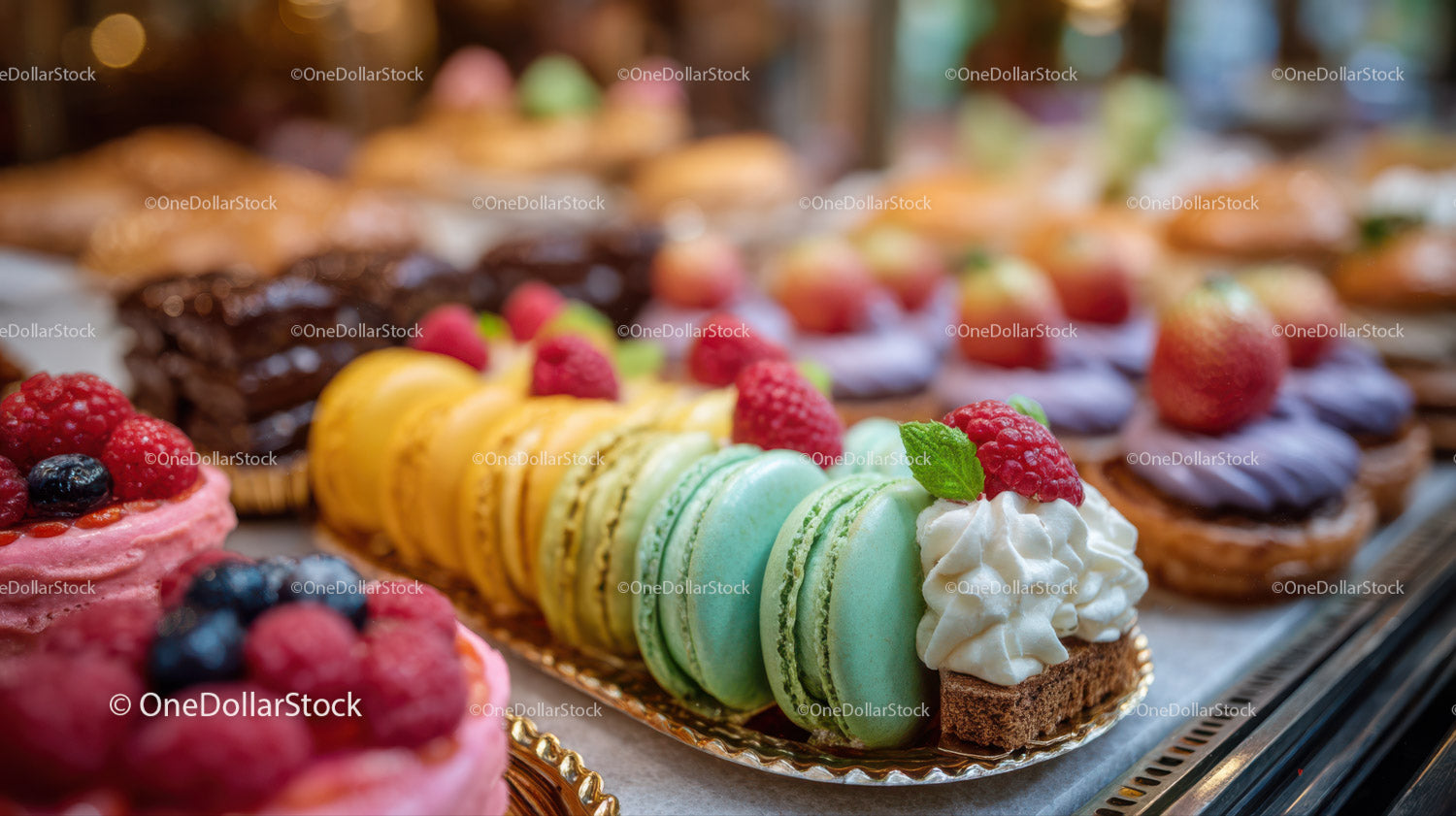 Colorful Assorted Macarons and Berries Pastries on Display