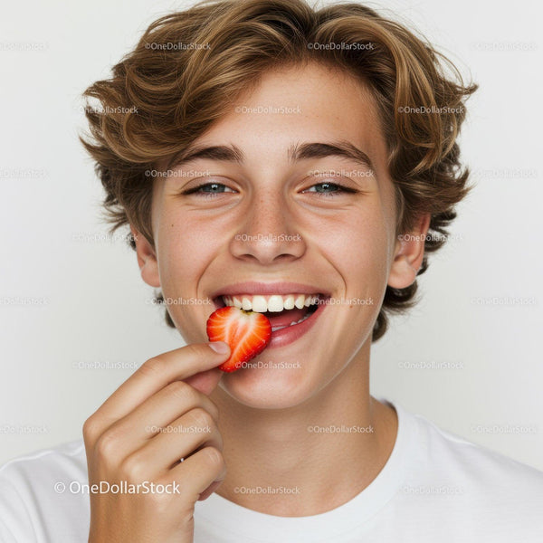 Joyful Teen Boy Smiling with Strawberry Close-up