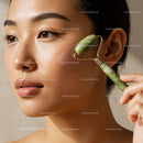 Woman Performing Facial Massage with Jade Roller for Skin Rejuvenation