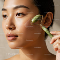 Woman Performing Facial Massage with Jade Roller for Skin Rejuvenation