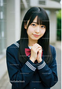 Smiling Japanese Schoolgirl in Navy School Uniform Outdoors