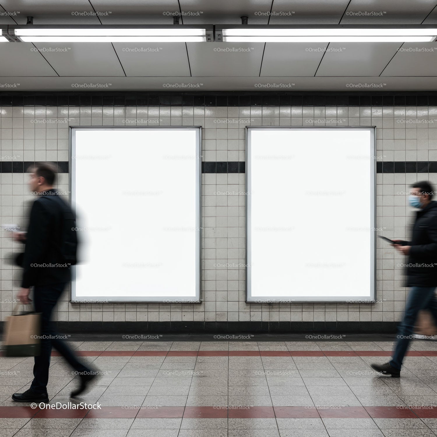 Two Empty Billboards in Urban Subway Corridor