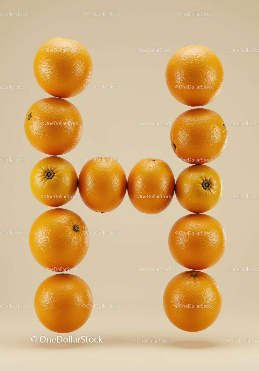 Creative arrangement of fresh oranges forming letter H