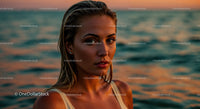 Close-Up of a Woman with Wet Hair and Water Droplets at Sunset