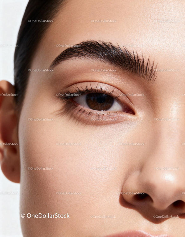 Close-up of natural eye and eyebrow with flawless skin