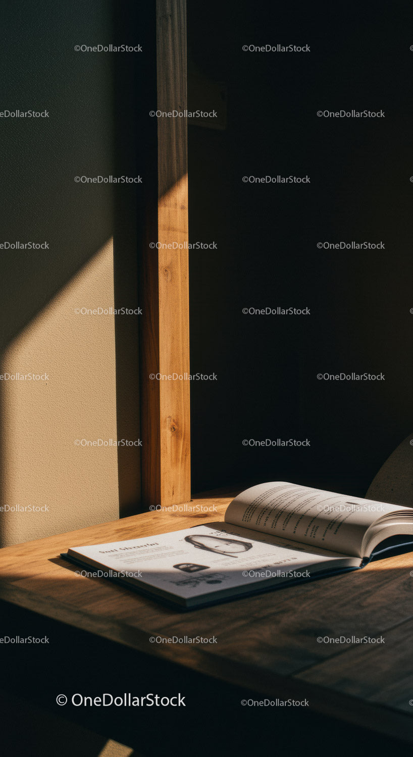 Minimalist Wooden Desk with Open Magazine and Sunlight Shadows