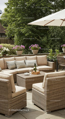 Elegant Outdoor Patio Lounge with Rattan Furniture and Beautiful Plants