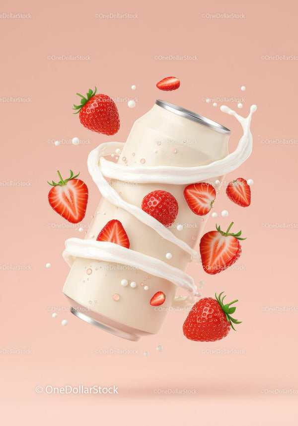 Creamy Strawberry Drink Can Surrounded by Fresh Berries JPG Mockup Image