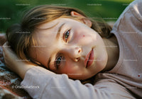 Young girl resting outdoors with peaceful expression