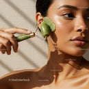 Young Woman Using Jade Roller for Facial Massage and Skin Rejuvenation