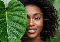 Portrait of a Happy Young Woman with Curly Hair and a Tropical Leaf