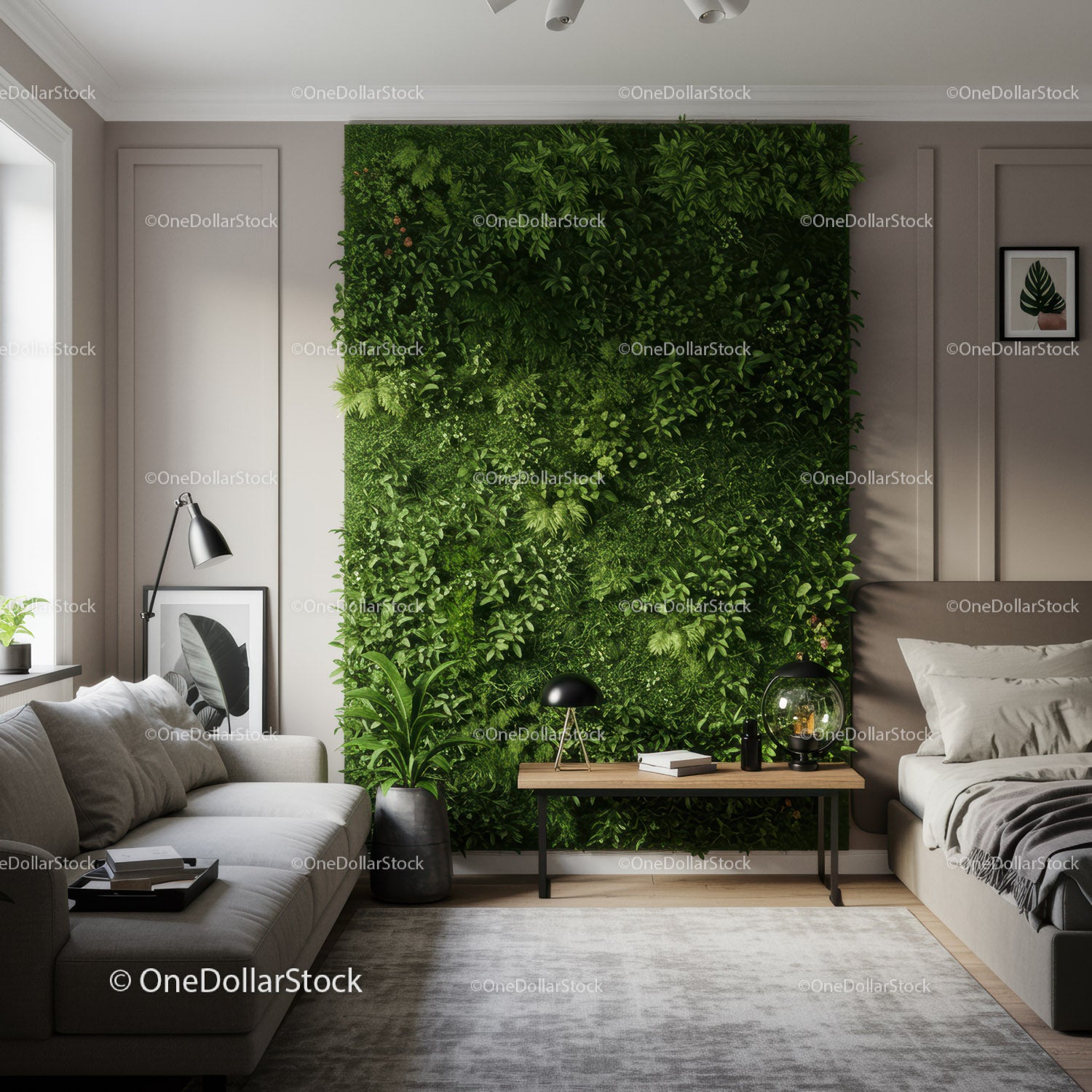 Stylish Modern Living Room with Lush Green Vertical Garden and Cozy Furniture