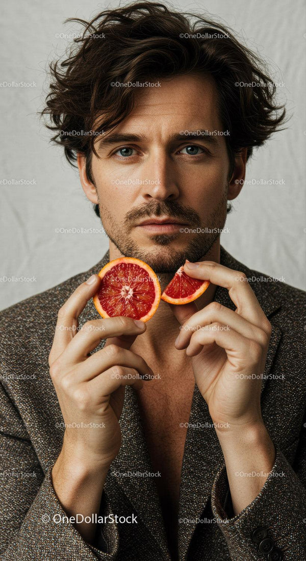Elegancki portret mężczyzny z owocem cytrusowym w nowoczesnym studio