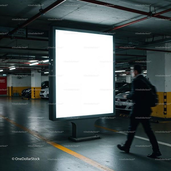 Businessman walking past illuminated billboard in parking garage JPG Mockup Image