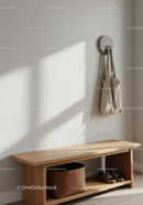 Minimalist Wooden Bench with Beige Tote Bag in Modern Entryway
