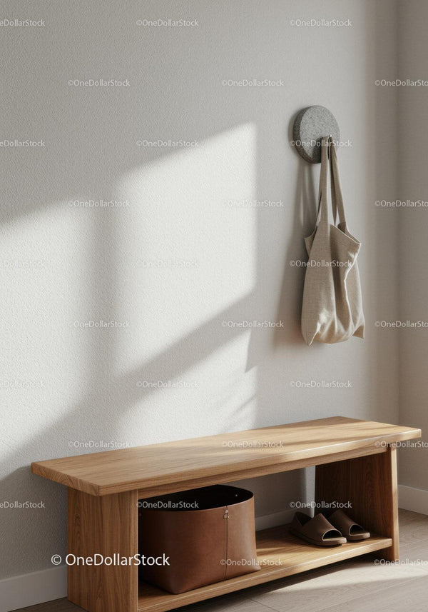 Minimalistyczna Drewniana Ławka z Beżową Torbą na Ramię w Nowoczesnym Przedpokoju