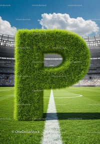 Grass letter P standing on soccer field center line