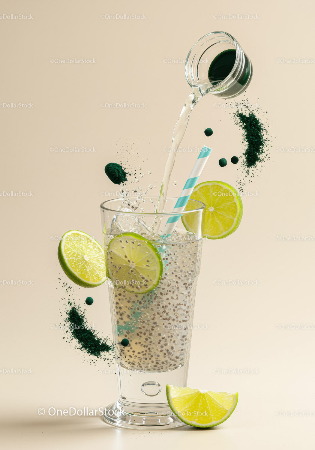 Refreshing lime chia drink with spirulina powder splash