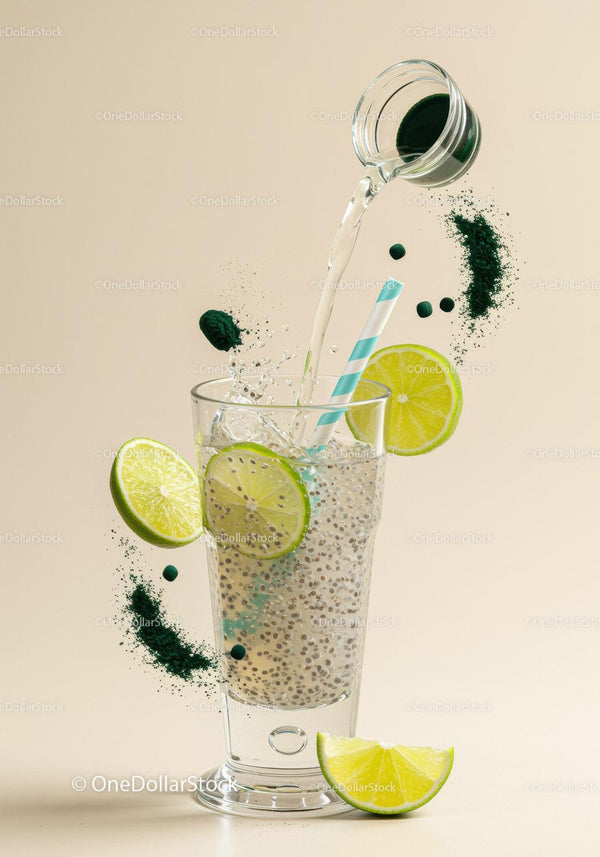 Refreshing lime chia drink with spirulina powder splash