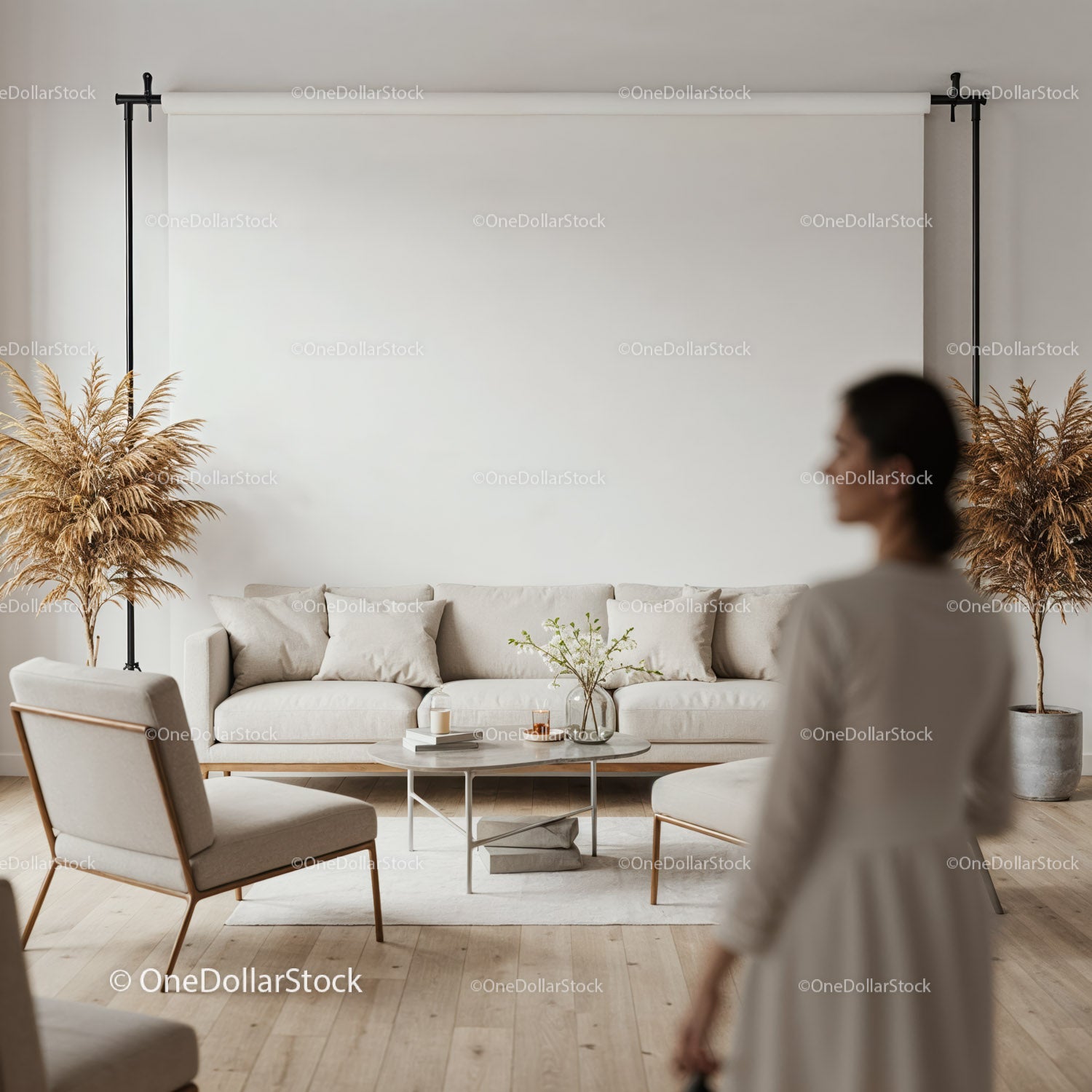 Cozy beige living room with modern furniture and plants
