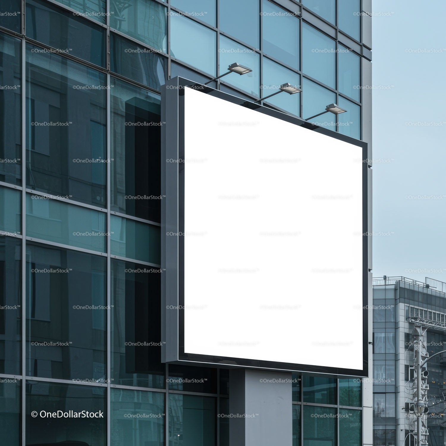 Blank Urban Billboard on Reflective Glass Building