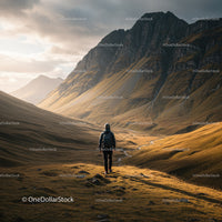 Scenic Mountain Valley with Hiking Trail and Solitary Hiker