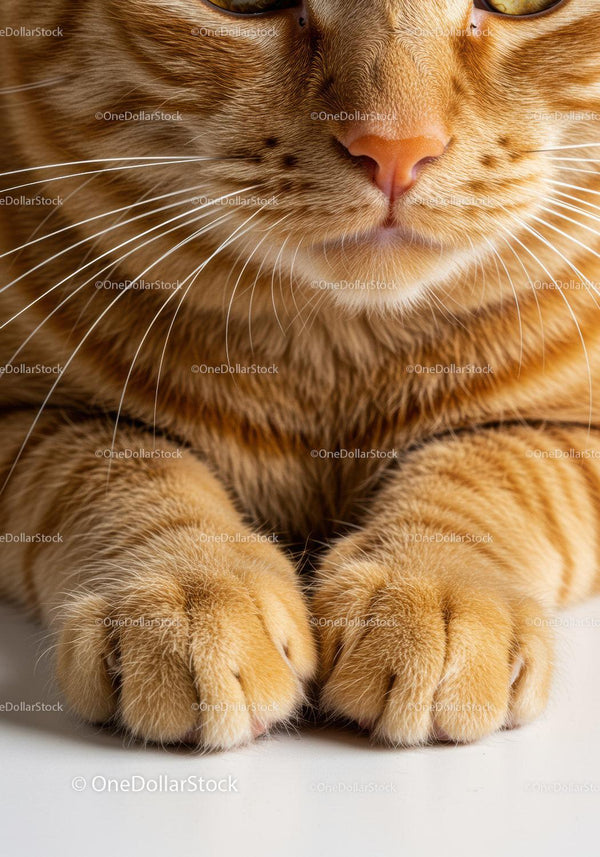 Close up of ginger cat paws and whiskers