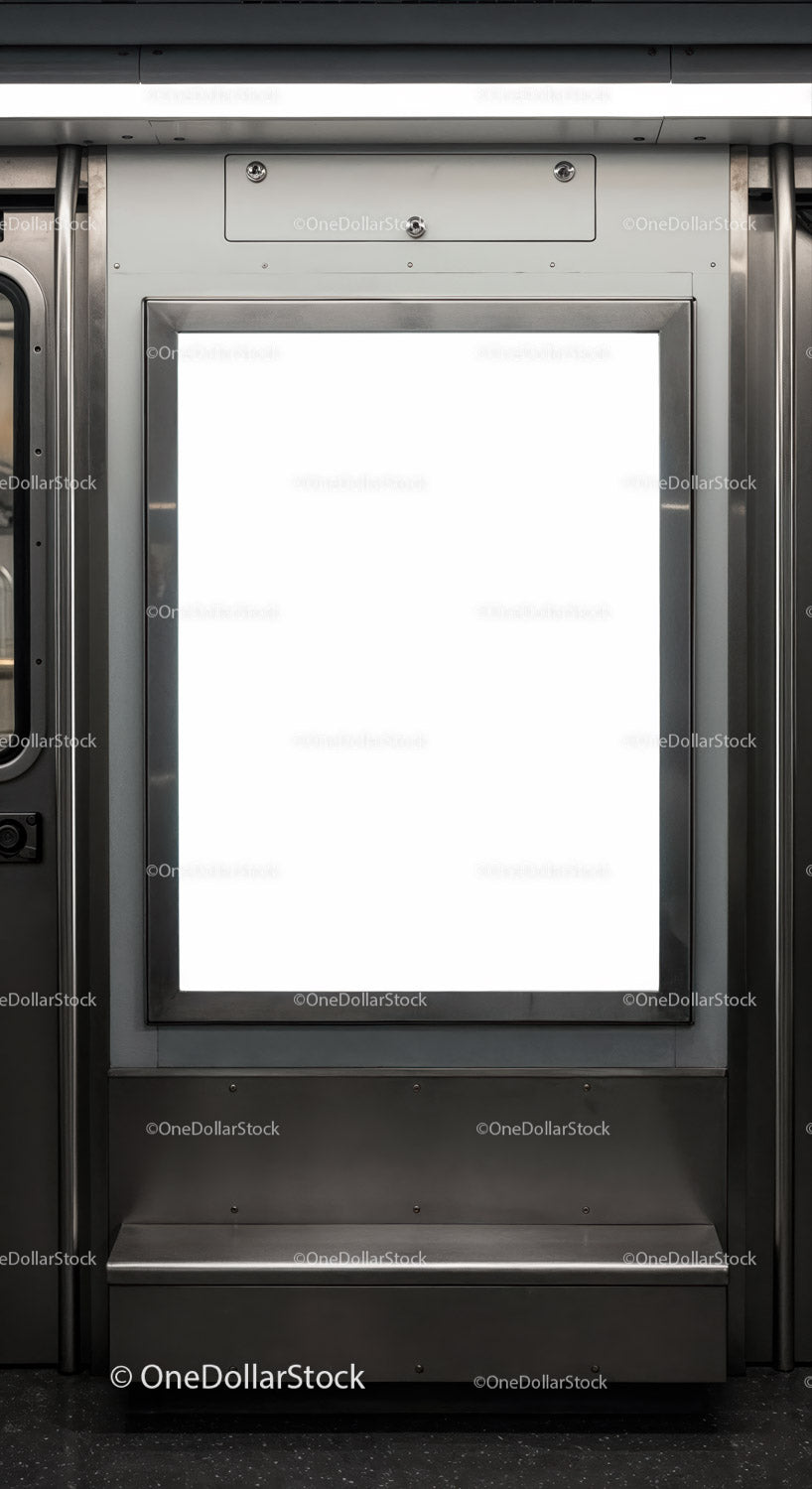 Nowoczesny, pusty wyświetlacz reklamowy we wnętrzu pociągu metra