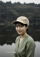 Young Woman in Green Dress Wearing Beige Cap Near Lake Landscape