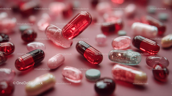 Close-Up of Assorted Red and Transparent Capsules and Pills