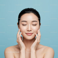 Young Woman with Clear Flawless Skin Touching Face Against Blue Background