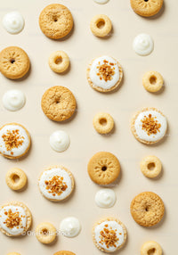 Assorted round cookies with white icing on beige background