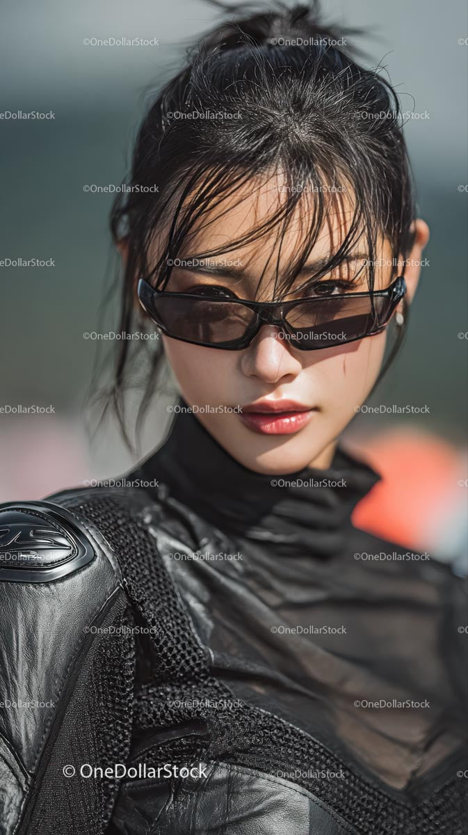Confident Young Woman in Stylish Black Outfit and Sunglasses