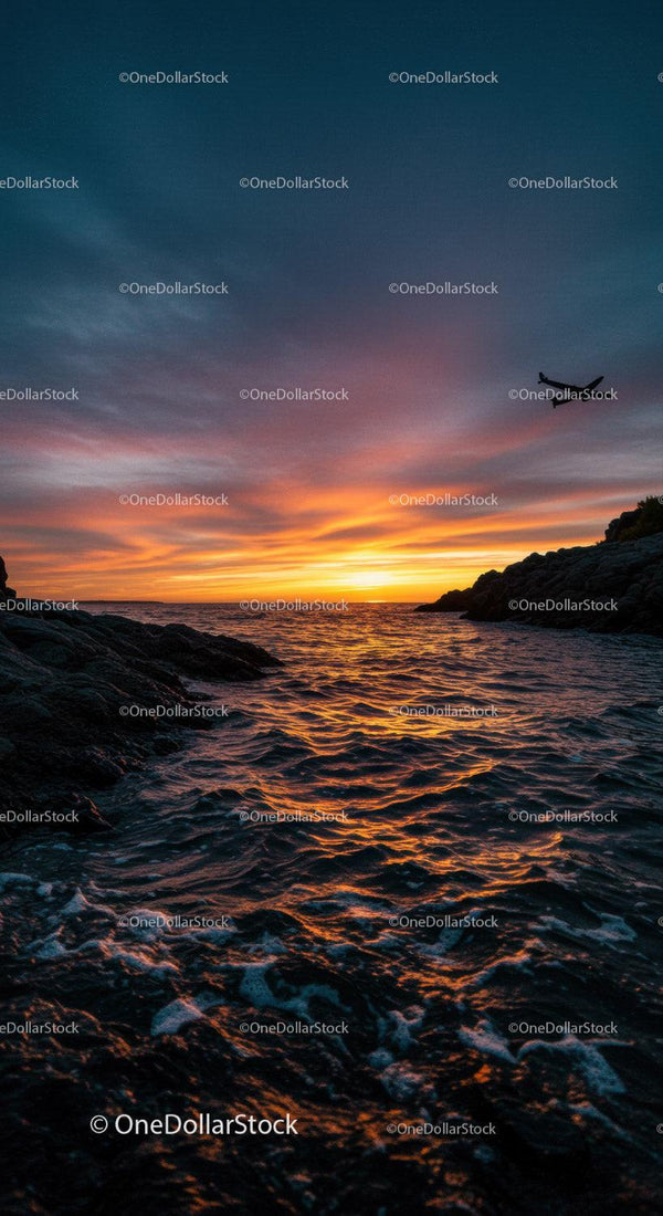 Serene Sunset Over Ocean with Rocky Shore and Airplane in Sky