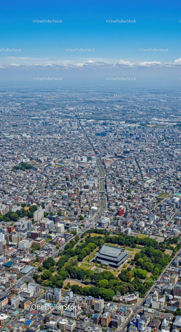 Widok z lotu ptaka na Tokio z tradycyjną świątynią i nowoczesną panoramą miasta