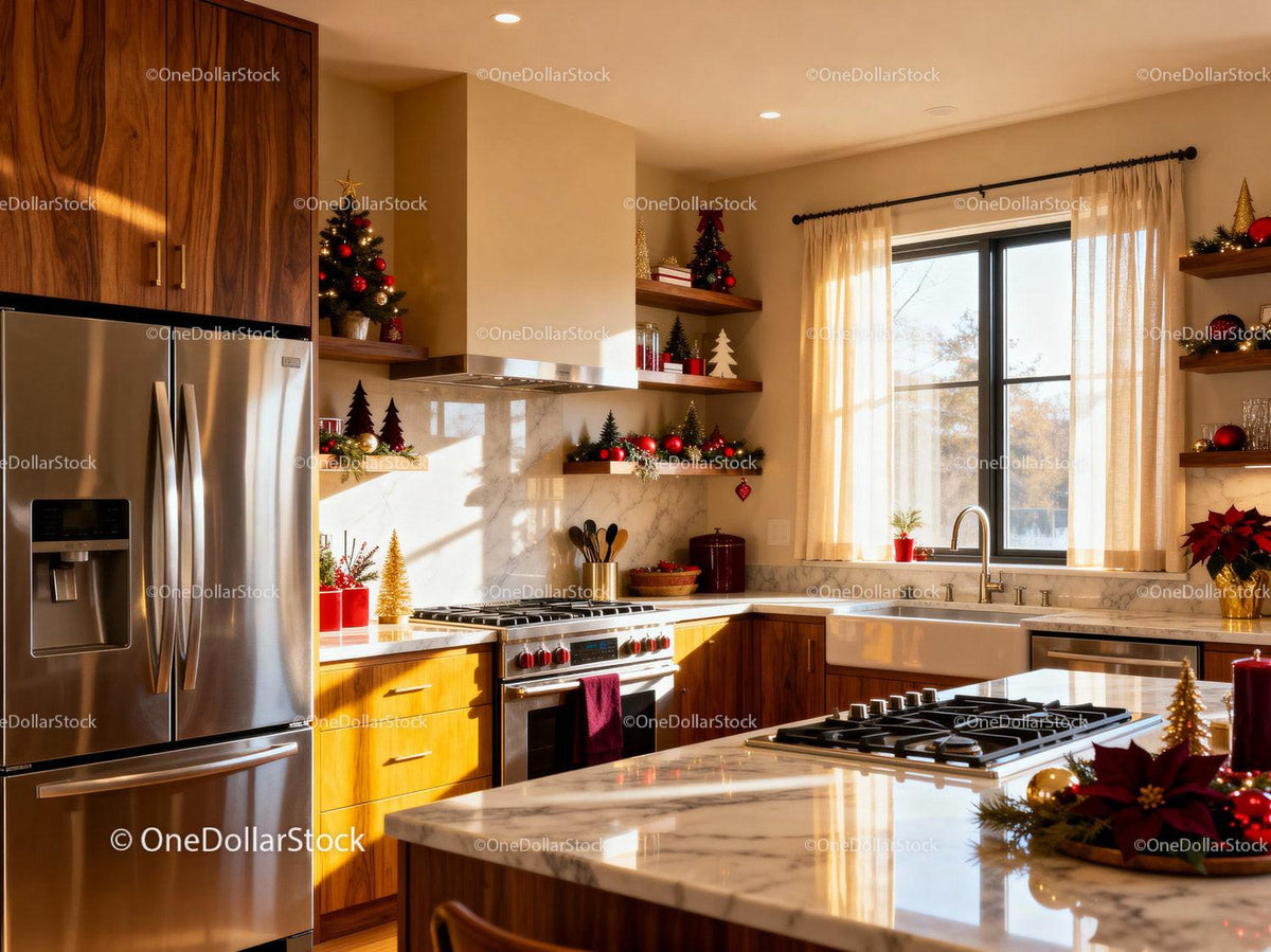 Cozy modern kitchen with warm holiday decor
