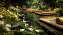 Japanese Garden Pond with Lily Pads and Wooden Bridge