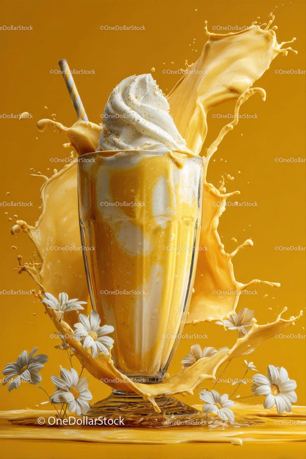 Vanilla Ice Cream with Milk Splash in Glass on Bright Background