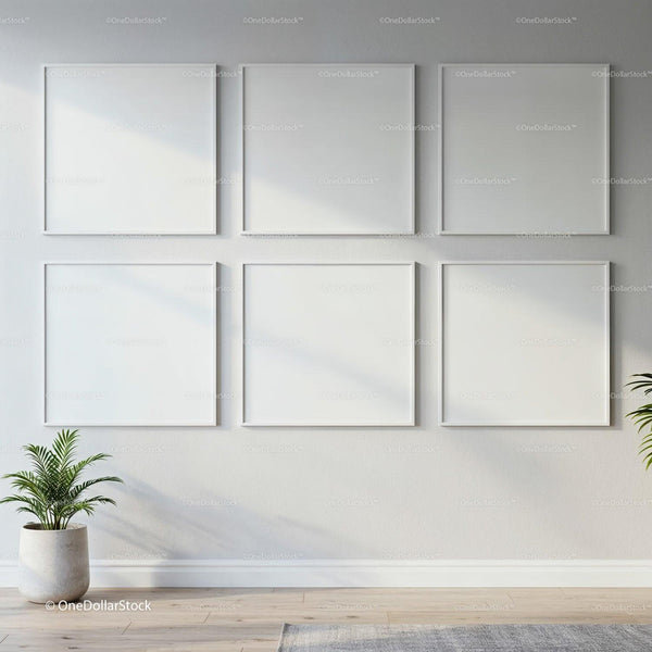 Minimalist blank square frames on modern white wall JPG Mockup Image